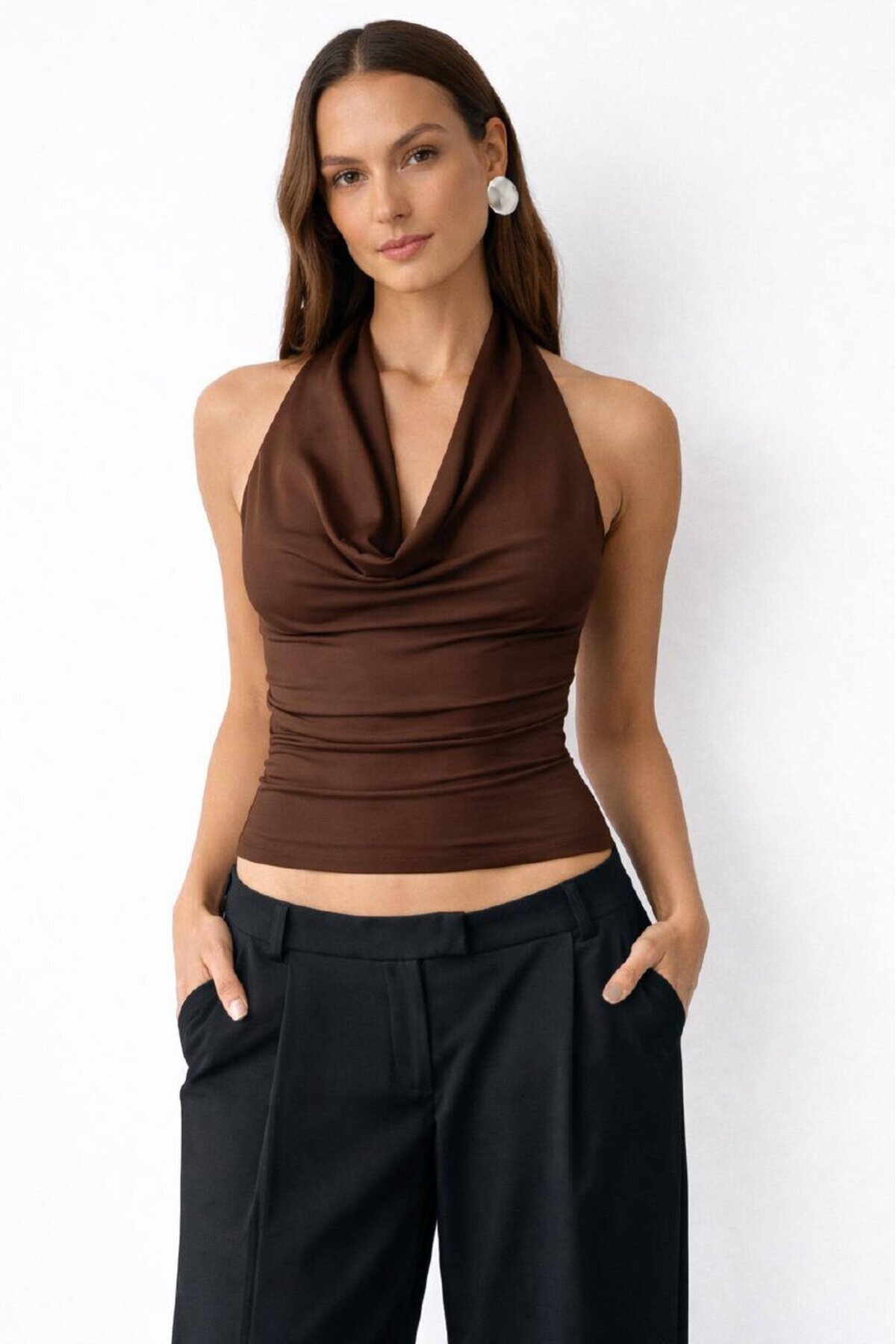 Kadın Halter Yaka Bluz Drapeli – Kayık Yaka, Esnek Kumaş, Fit Kesim Şık Bluz