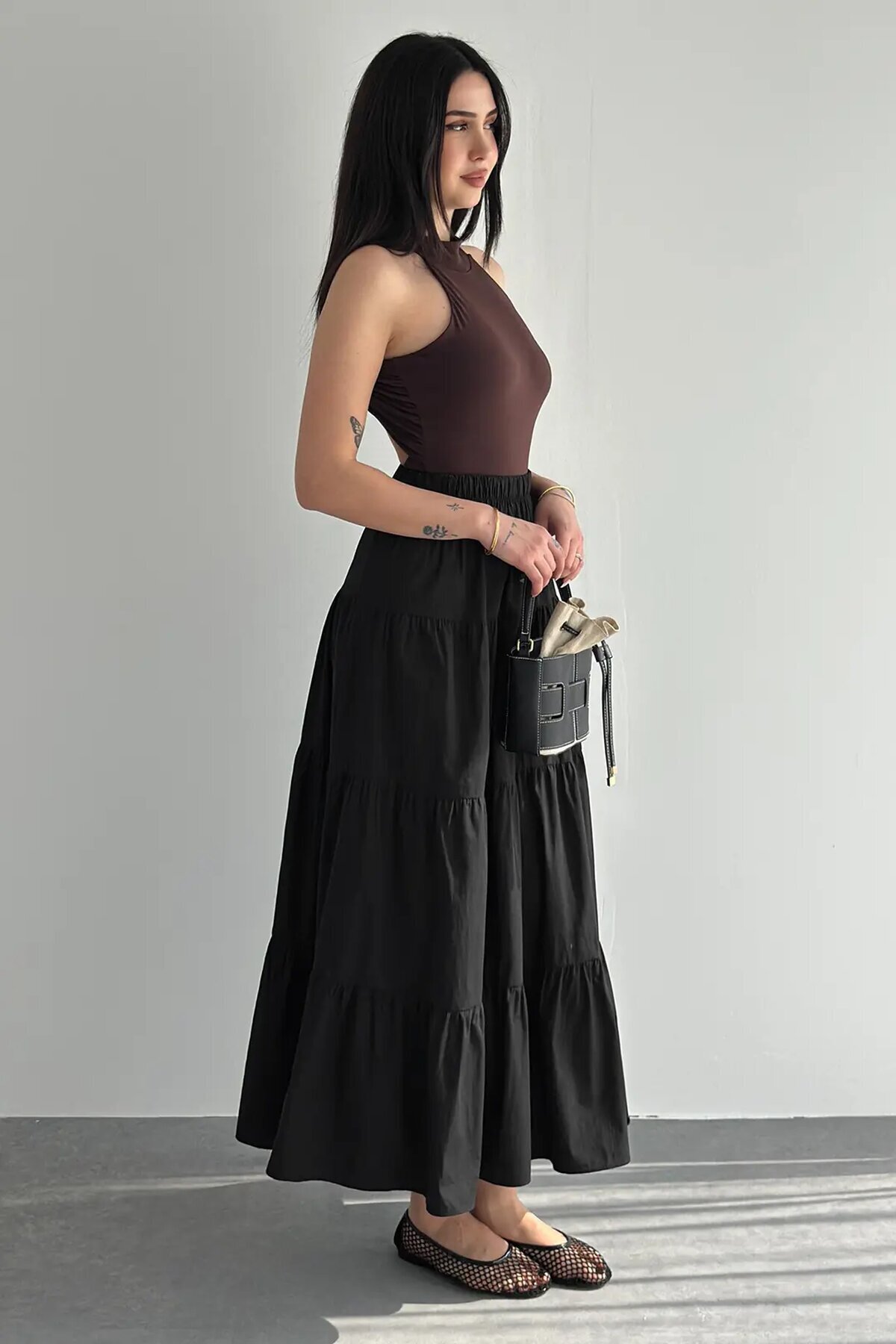 Kadın Kat Kat Uzun Etek – Beli Lastikli Günlük Şık Etek