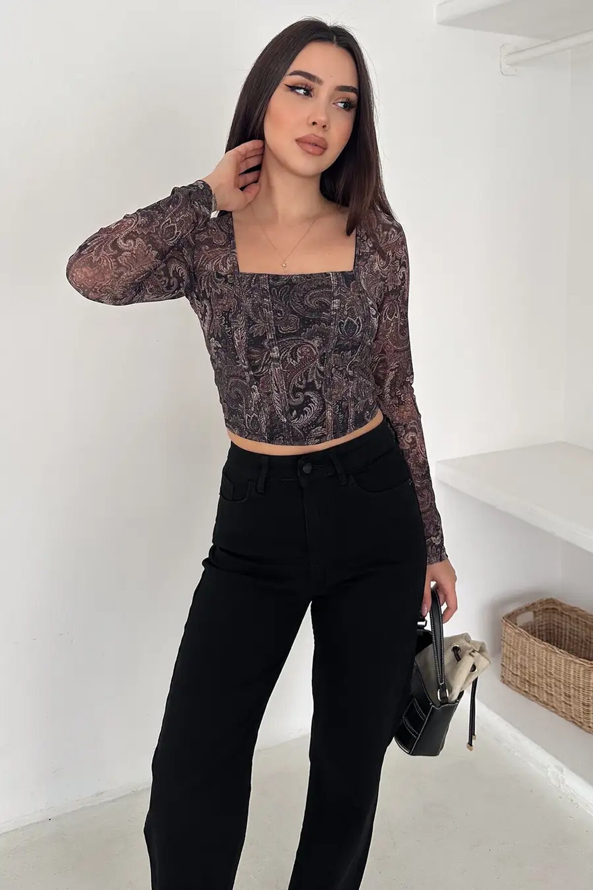 Kadın Paisley Desenli Kare Yaka Bluz