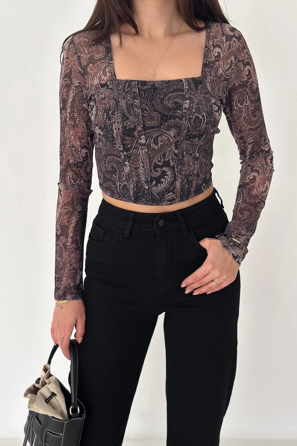 Kadın Paisley Desenli Kare Yaka Bluz