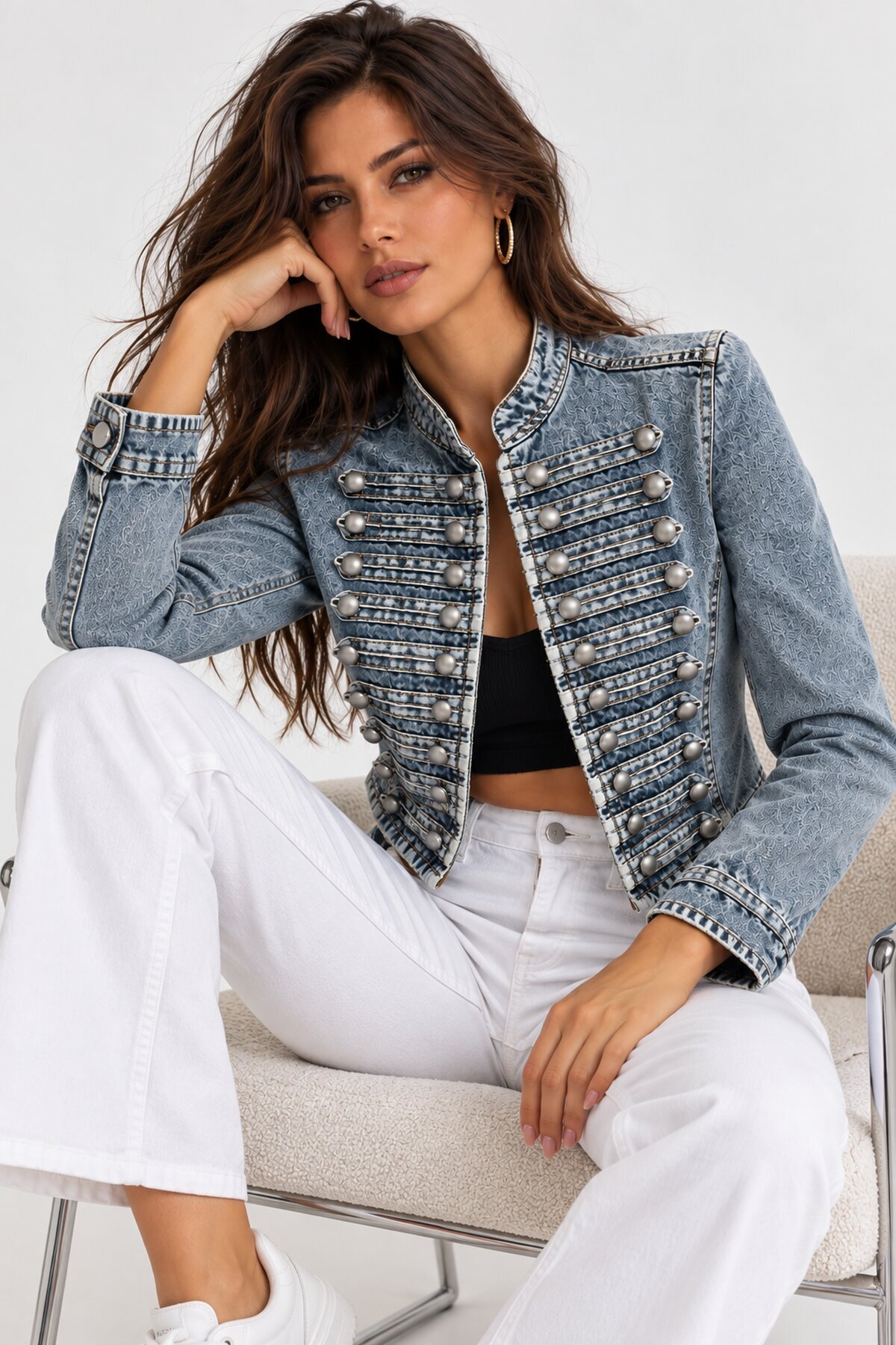 Kadın Premium Metal Düğme Detaylı Crop Denim Ceket