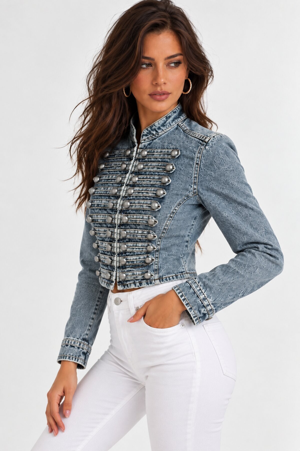 Kadın Premium Metal Düğme Detaylı Crop Denim Ceket
