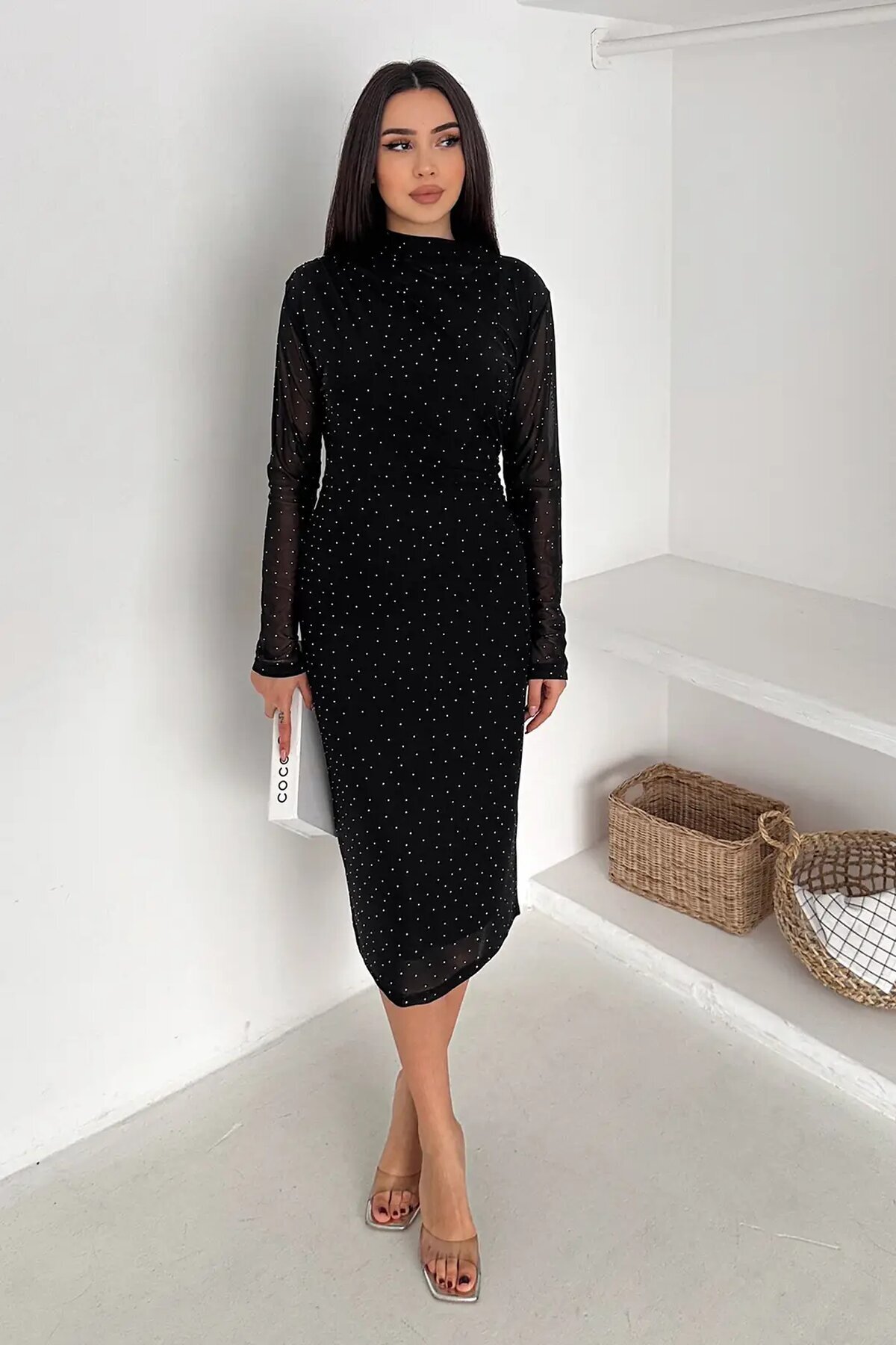 Kadın Puantiye Desenli Transparan Kollu Elbise