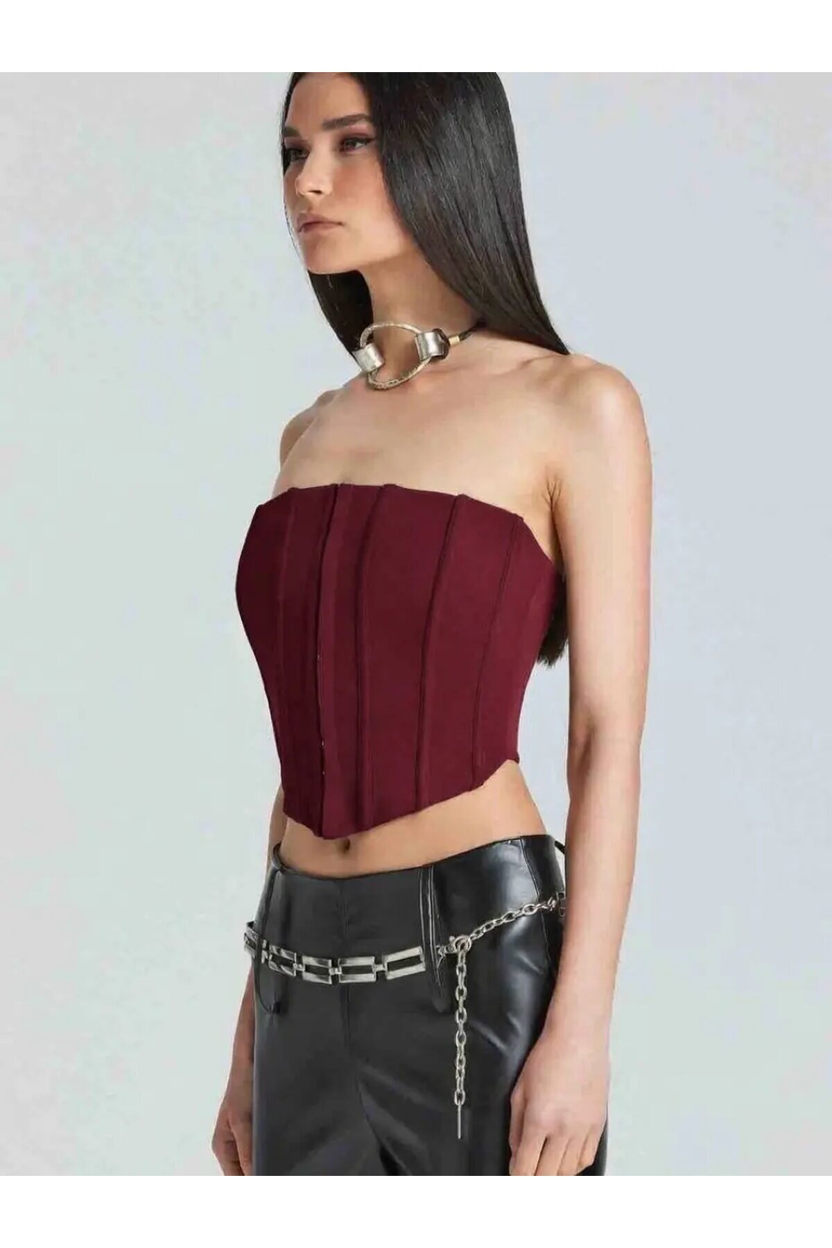 Kadın Şık Korse Crop Top - Straplez Düğmeli Büstiyer Bordo