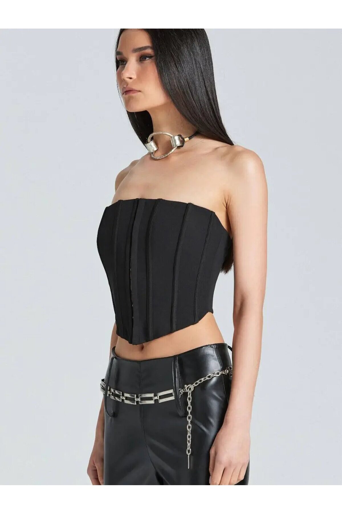 Kadın Şık Korse Crop Top - Straplez Düğmeli Büstiyer Siyah