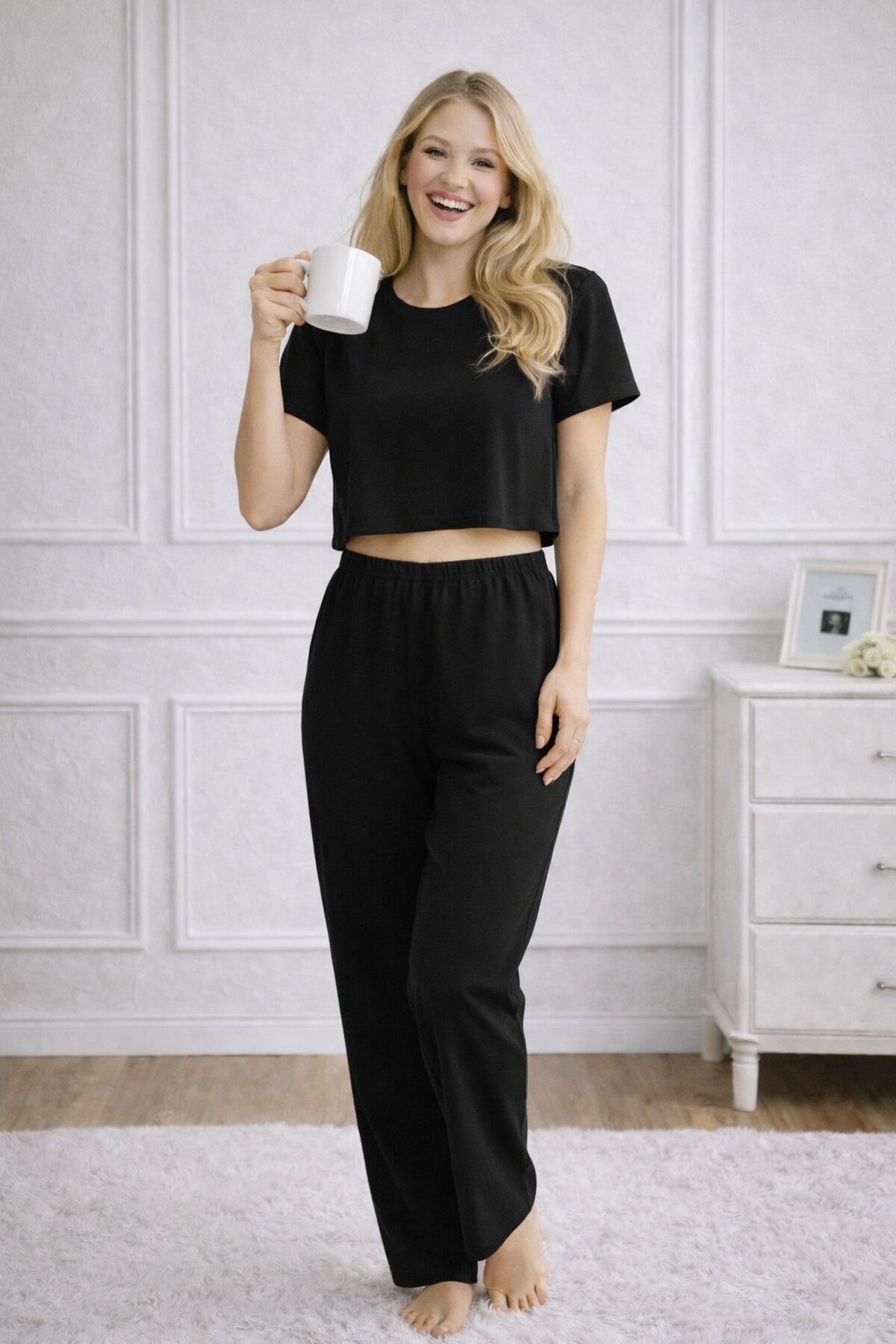 Kadın Siyah Alt Üst Pijama Takımı - Ev Giyimi