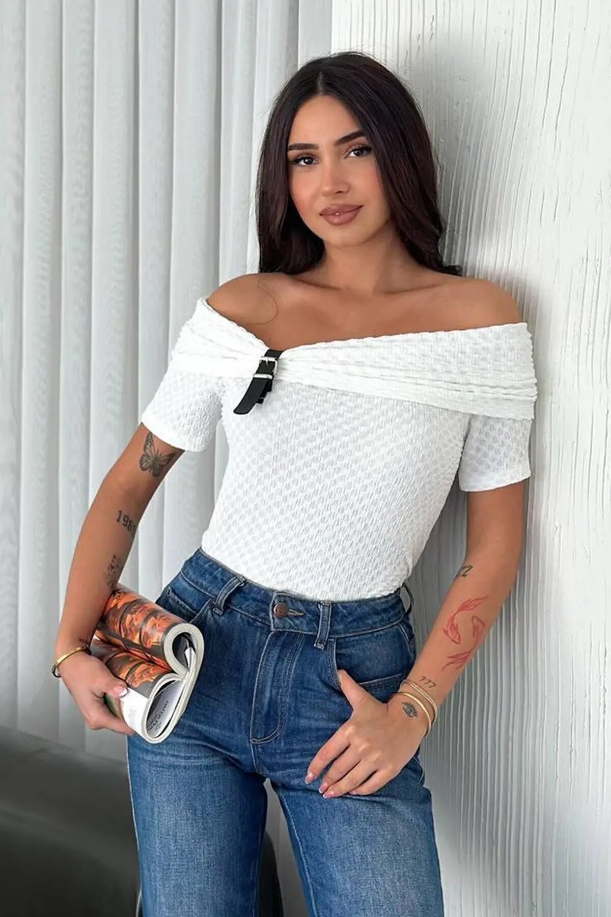 Kadın Tokalı Düşük Omuz Bluz