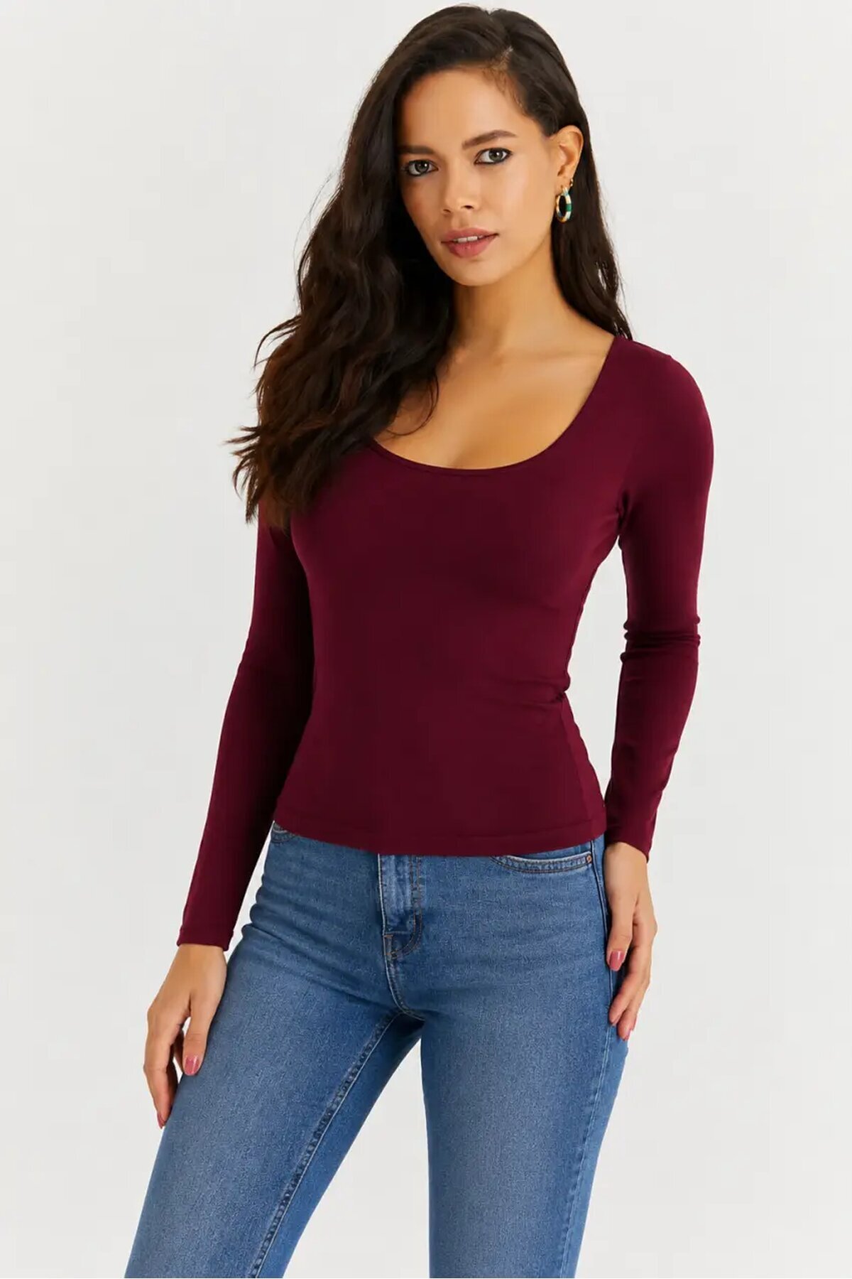 Kadın U Yaka Uzun Kollu Esnek Basic Bluz – Bordo