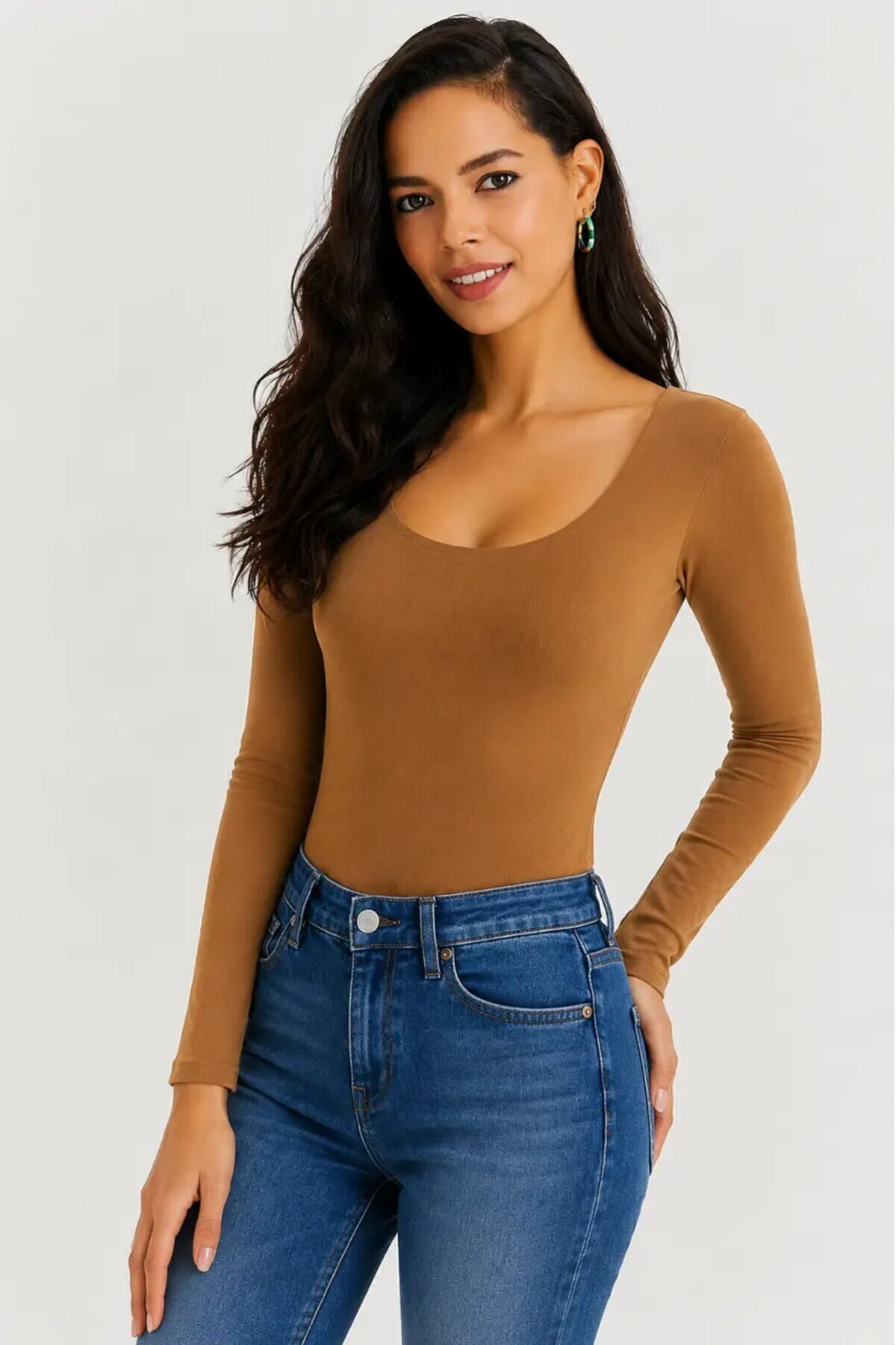 Kadın U Yaka Uzun Kollu Esnek Basic Bluz – Camel