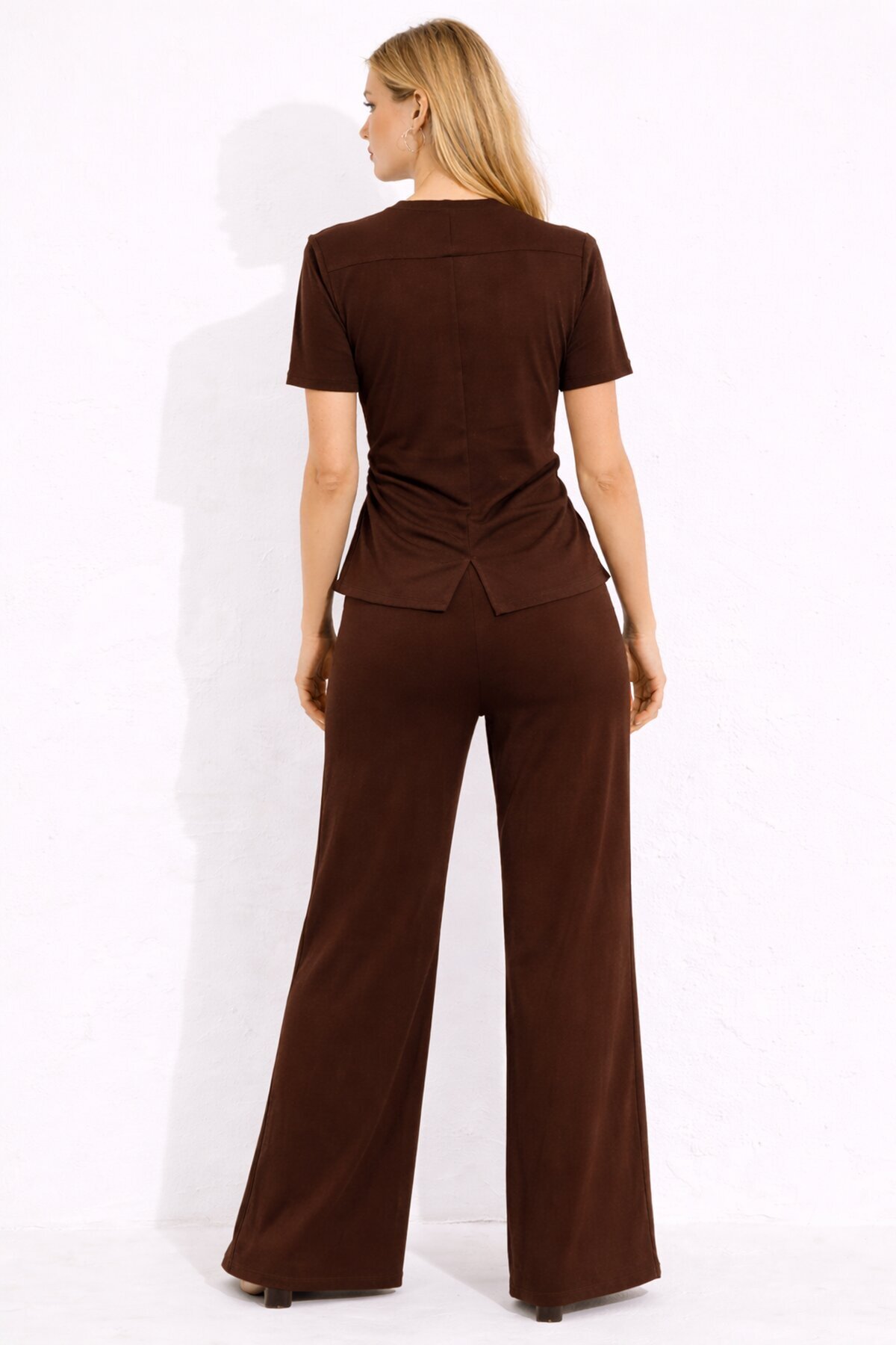 Kahverengi Modal Kumaş Kısa Kollu Pile Detaylı Eşofman Takımı