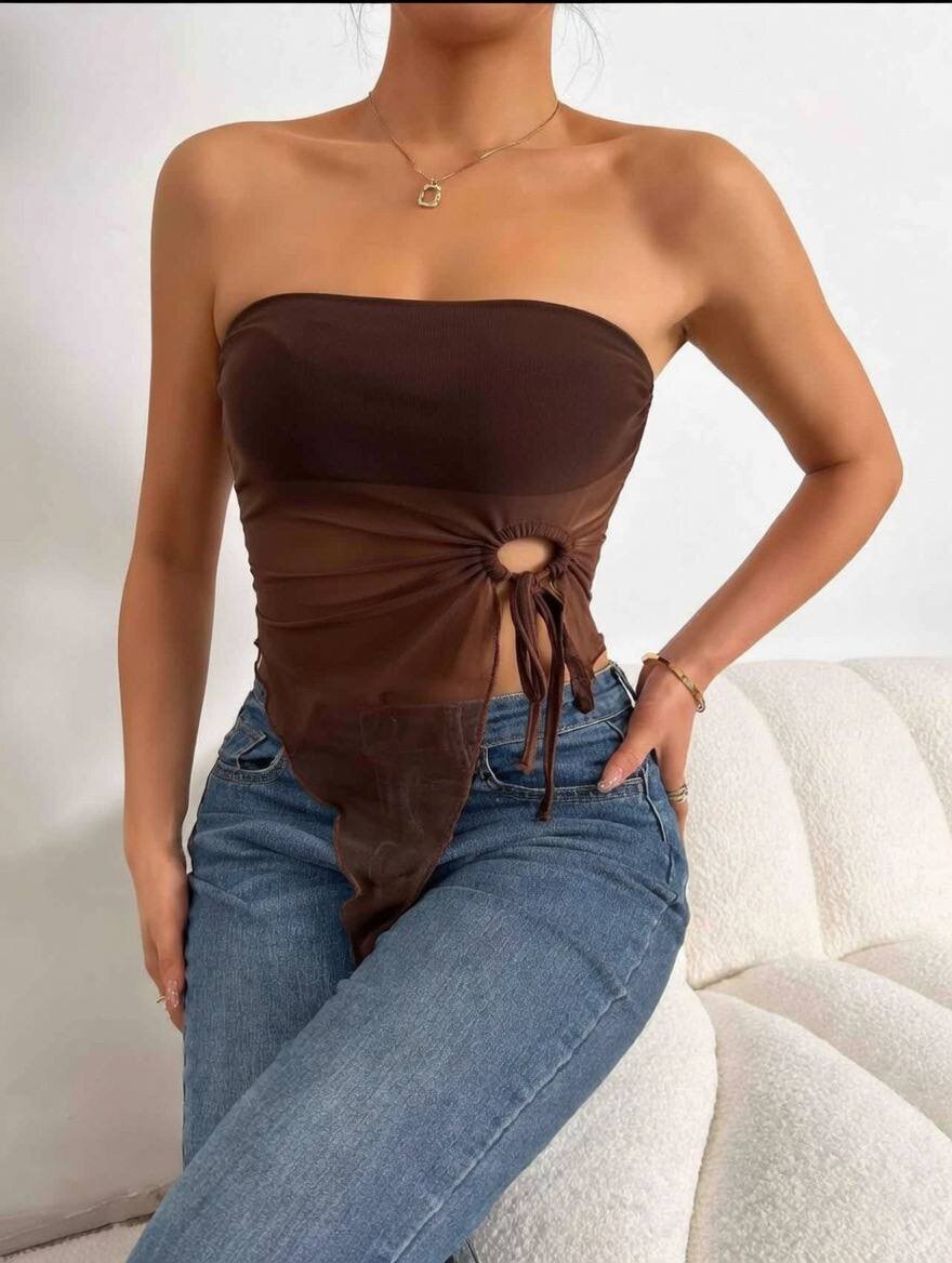 Kahverengi Straplez Tül Detaylı Büzgülü Crop Bluz