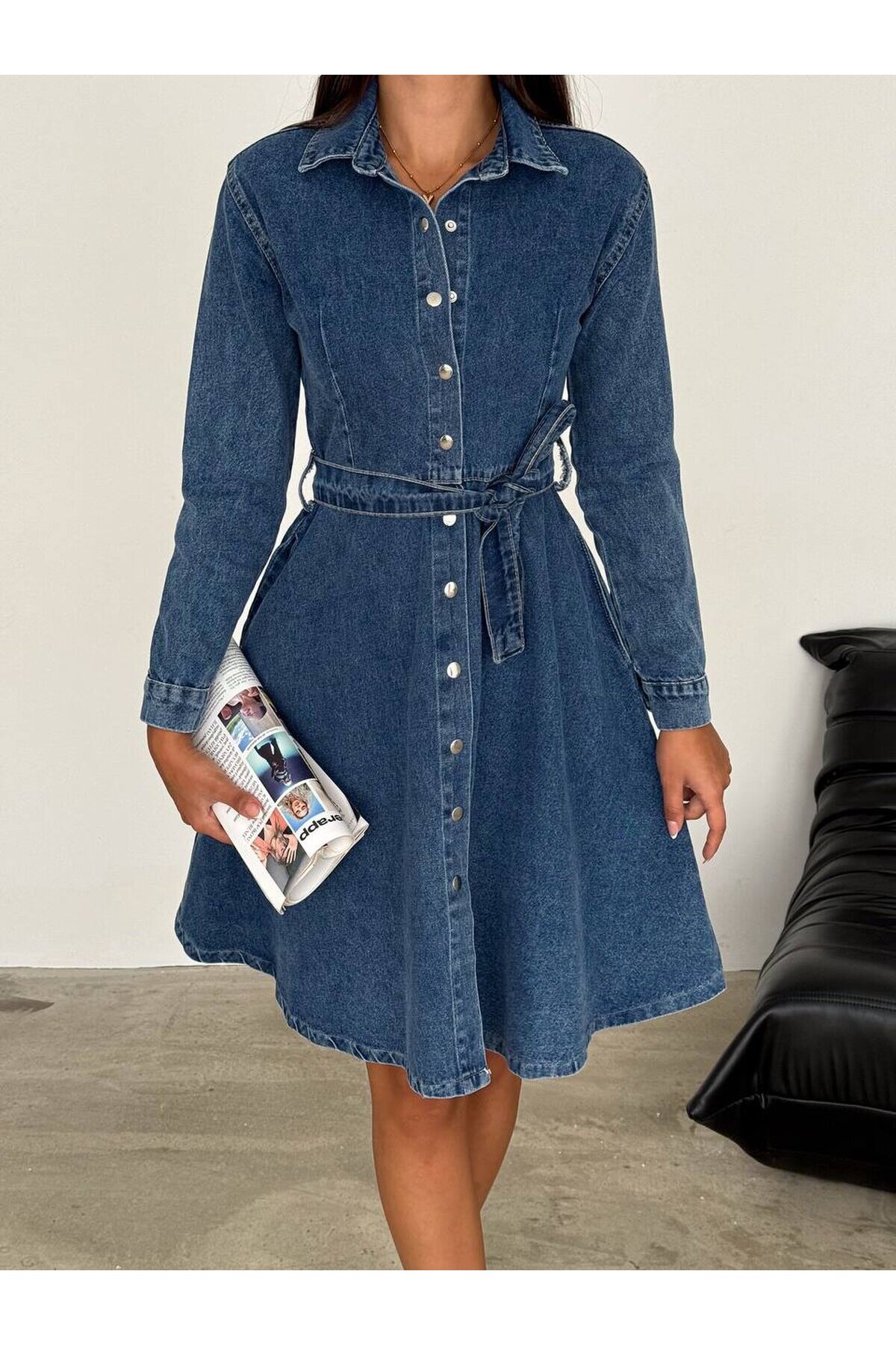 Kemer Detaylı Düğmeli Jean Gömlek Elbise