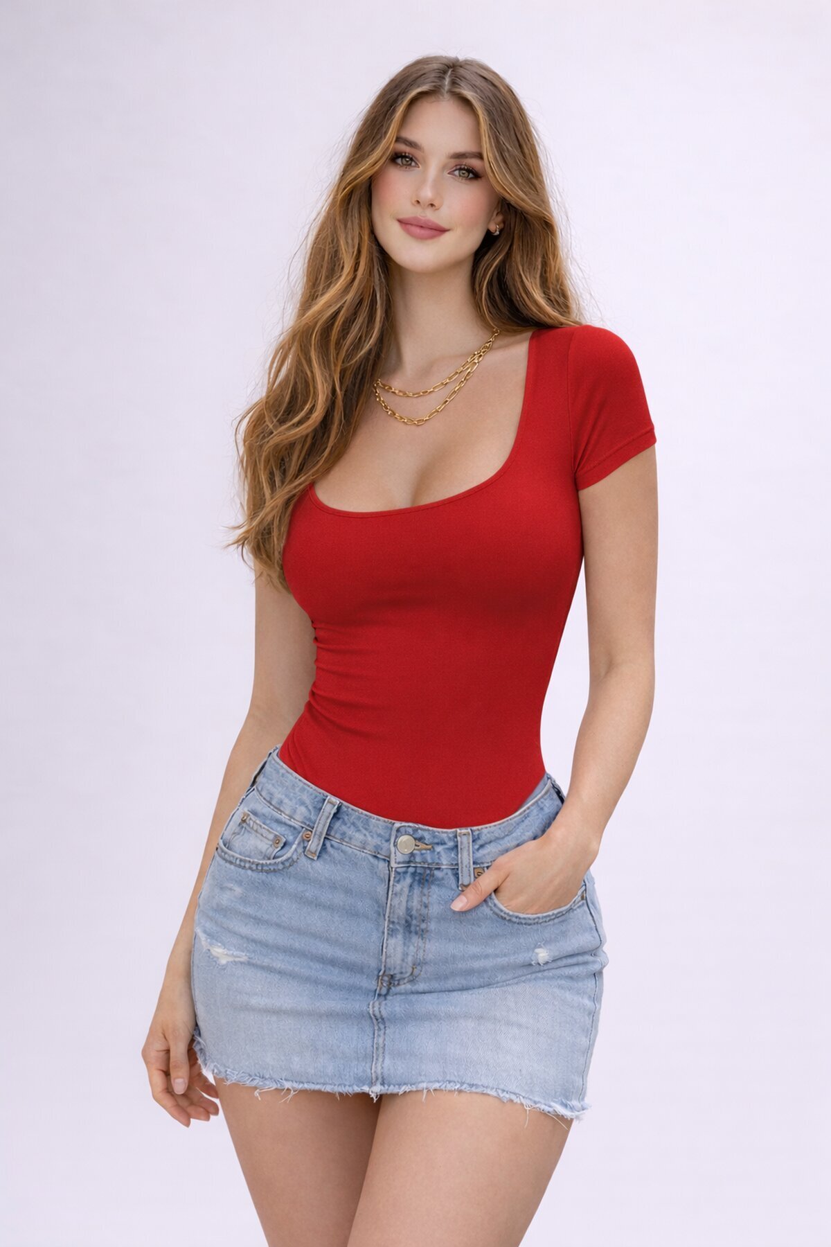 Kırmızı Sandy Kumaş Kare Yaka Kısa Kollu Kadın Bodysuit – Fit & Şık Tasarım