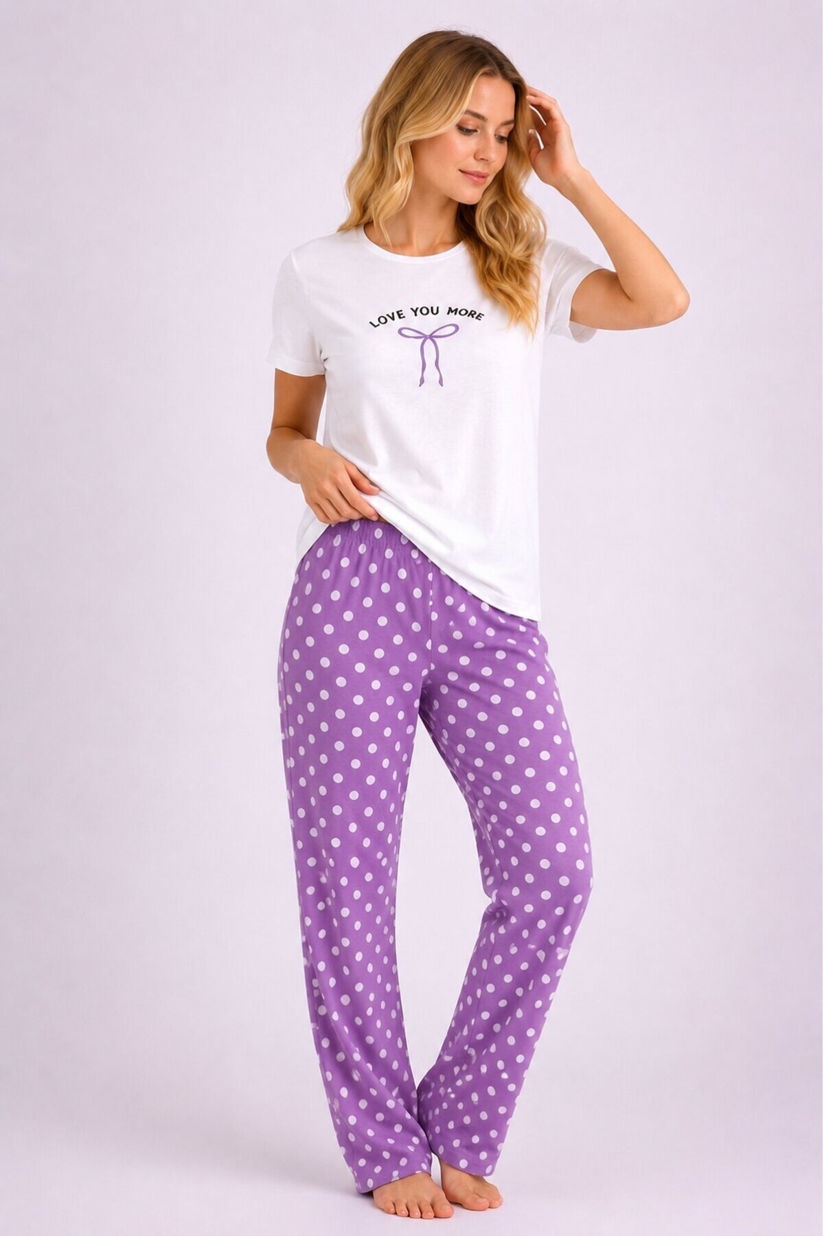 Love You More Baskılı Lila Puantiyeli Pijama Takımı