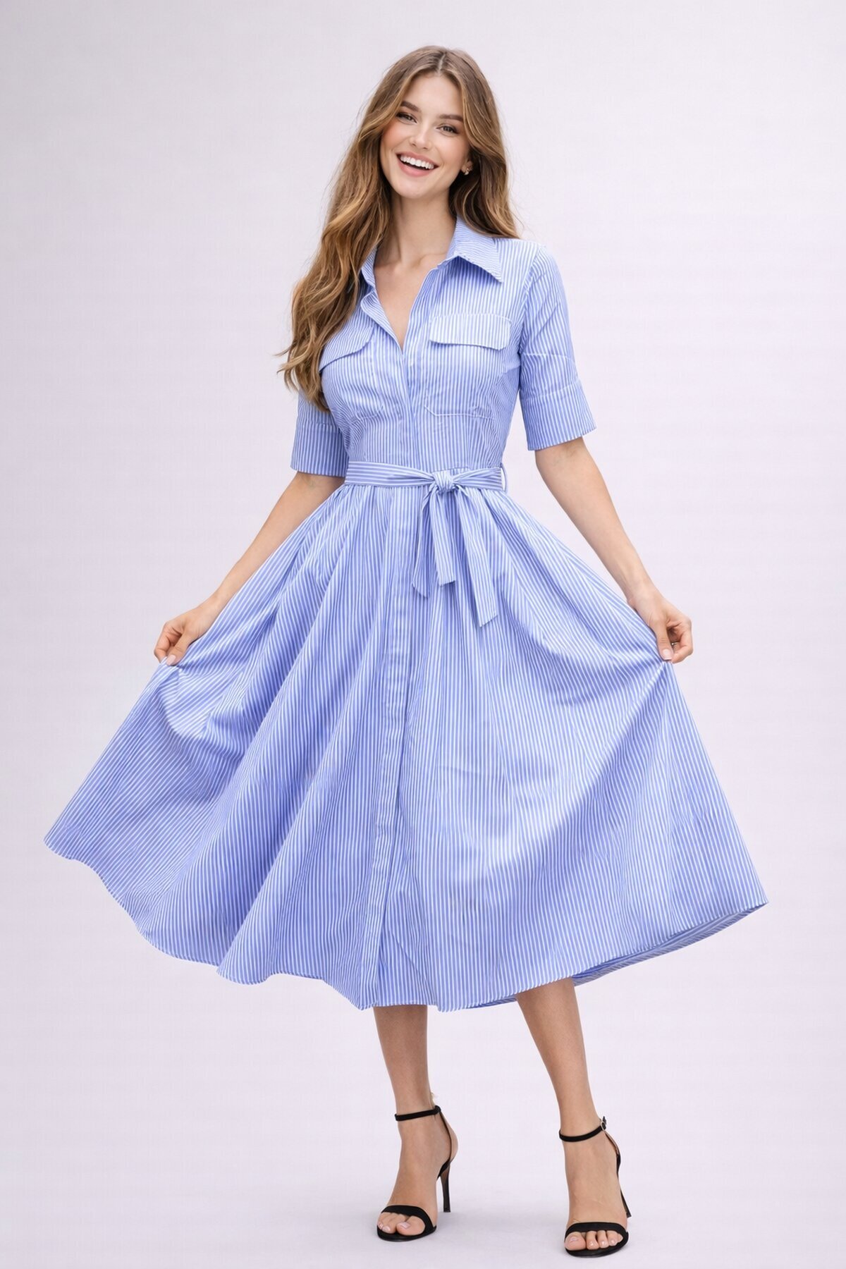 Mavi Çizgili Gömlek Yaka Midi Elbise – Rahat Kesim Günlük Şıklık