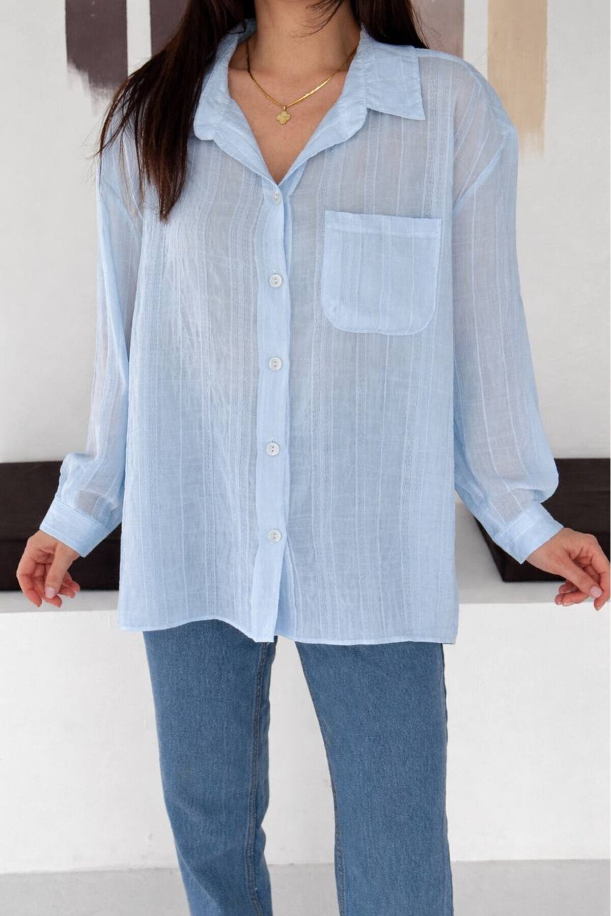 Mavi Çizgili Transparan Dokulu Oversize Kadın Gömlek
