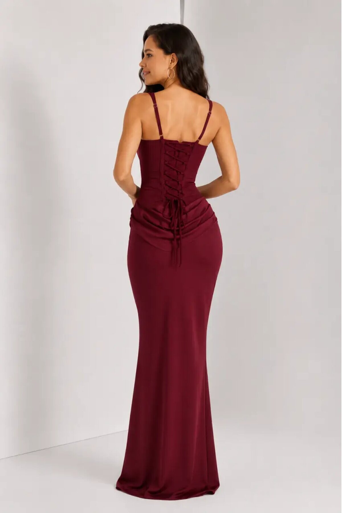 Maxi Boy Bağcıklı Ayarlanabilir Korse Detaylı Elbise –Bordo