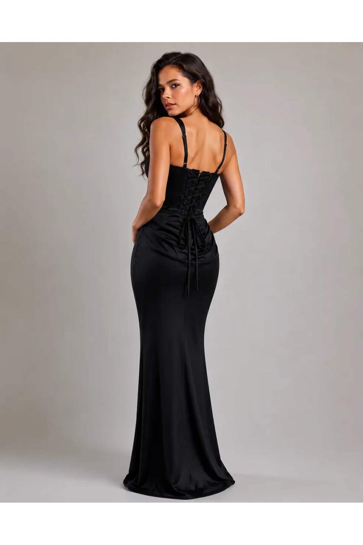 Maxi Boy Bağcıklı Ayarlanabilir Korse Detaylı Elbise – Siyah