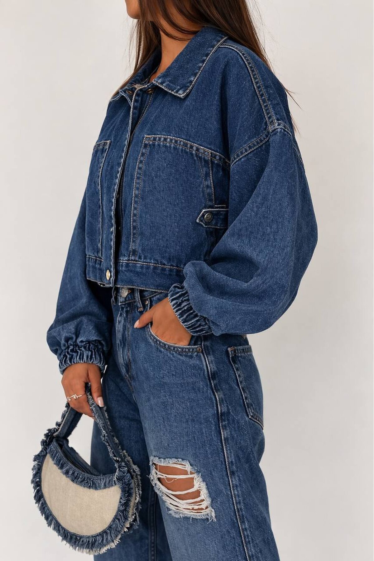 Oversize Lastik Manşetli Denim Ceket – Koyu Mavi