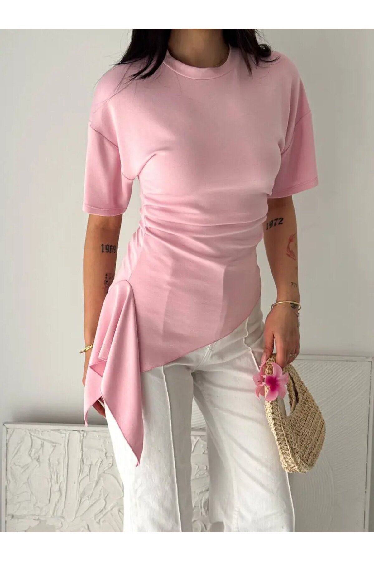 Pembe Asimetrik Drapeli Modern Basic Bluz