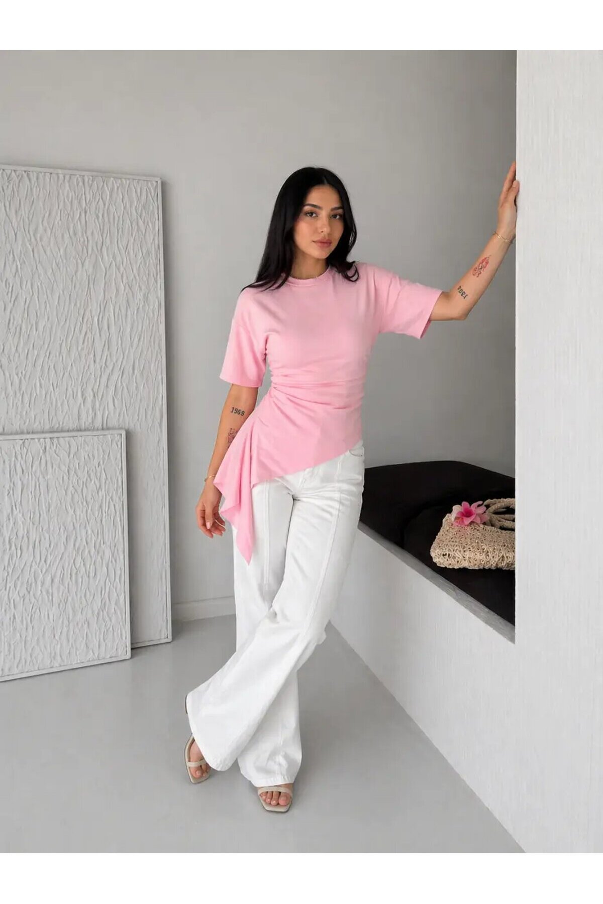 Pembe Asimetrik Drapeli Modern Basic Bluz