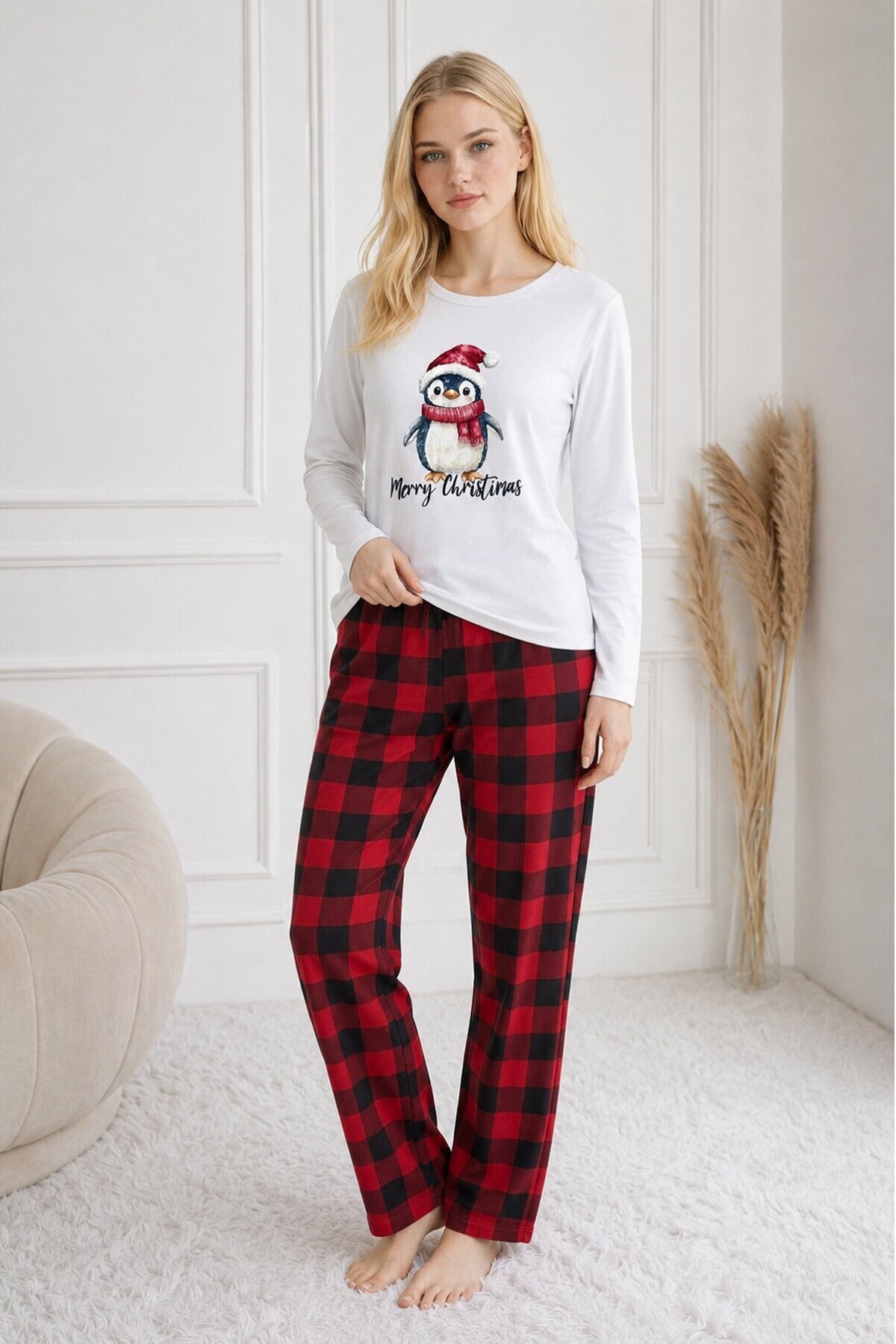 Penguen Baskılı Uzun Kollu Kadın Pijama Takımı