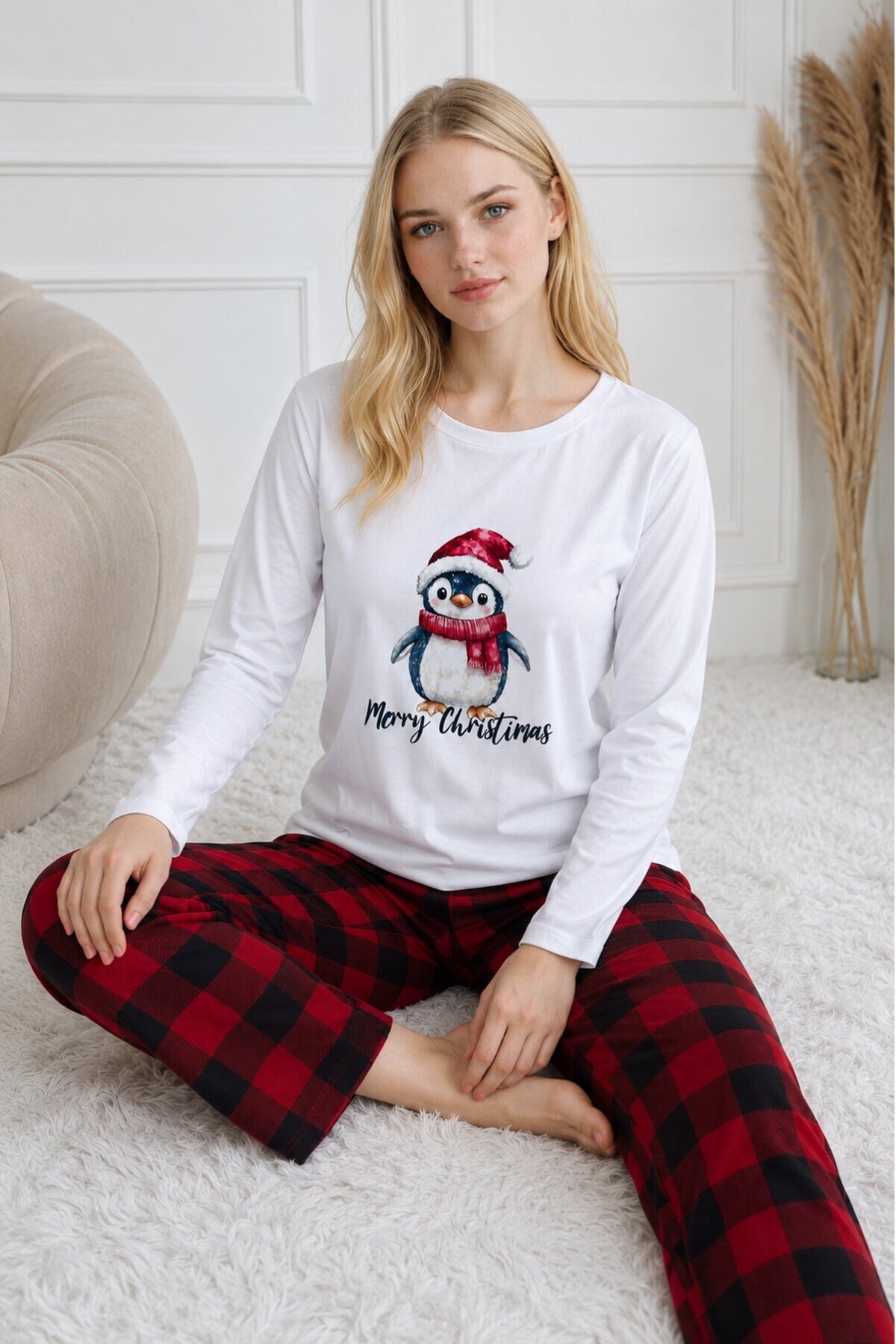 Penguen Baskılı Uzun Kollu Kadın Pijama Takımı