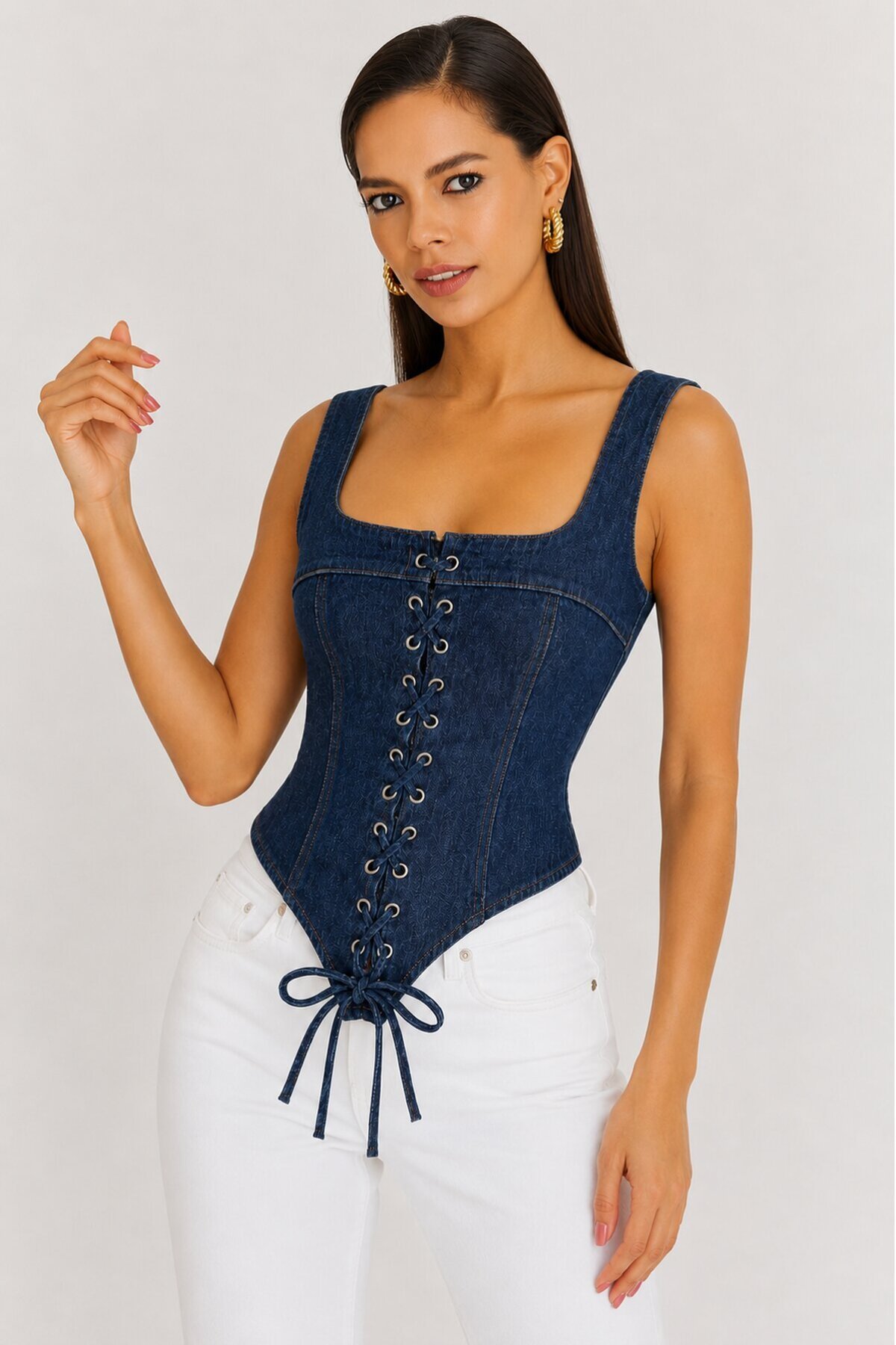 Retro Denim Bağcıklı Korse – Lacivert