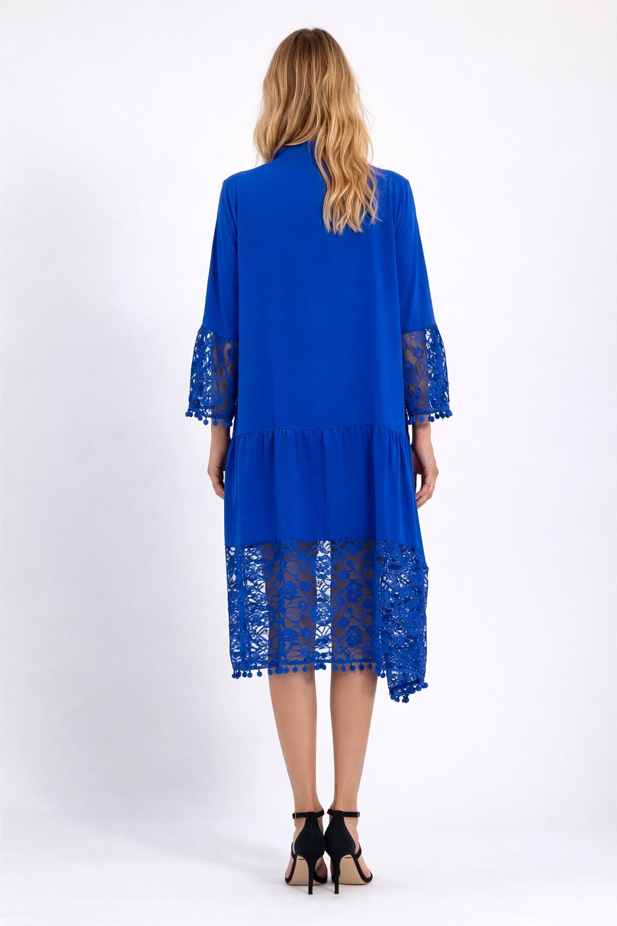 Saks Hakim Yaka Düğmeli Tül Detaylı Viskon Elbise