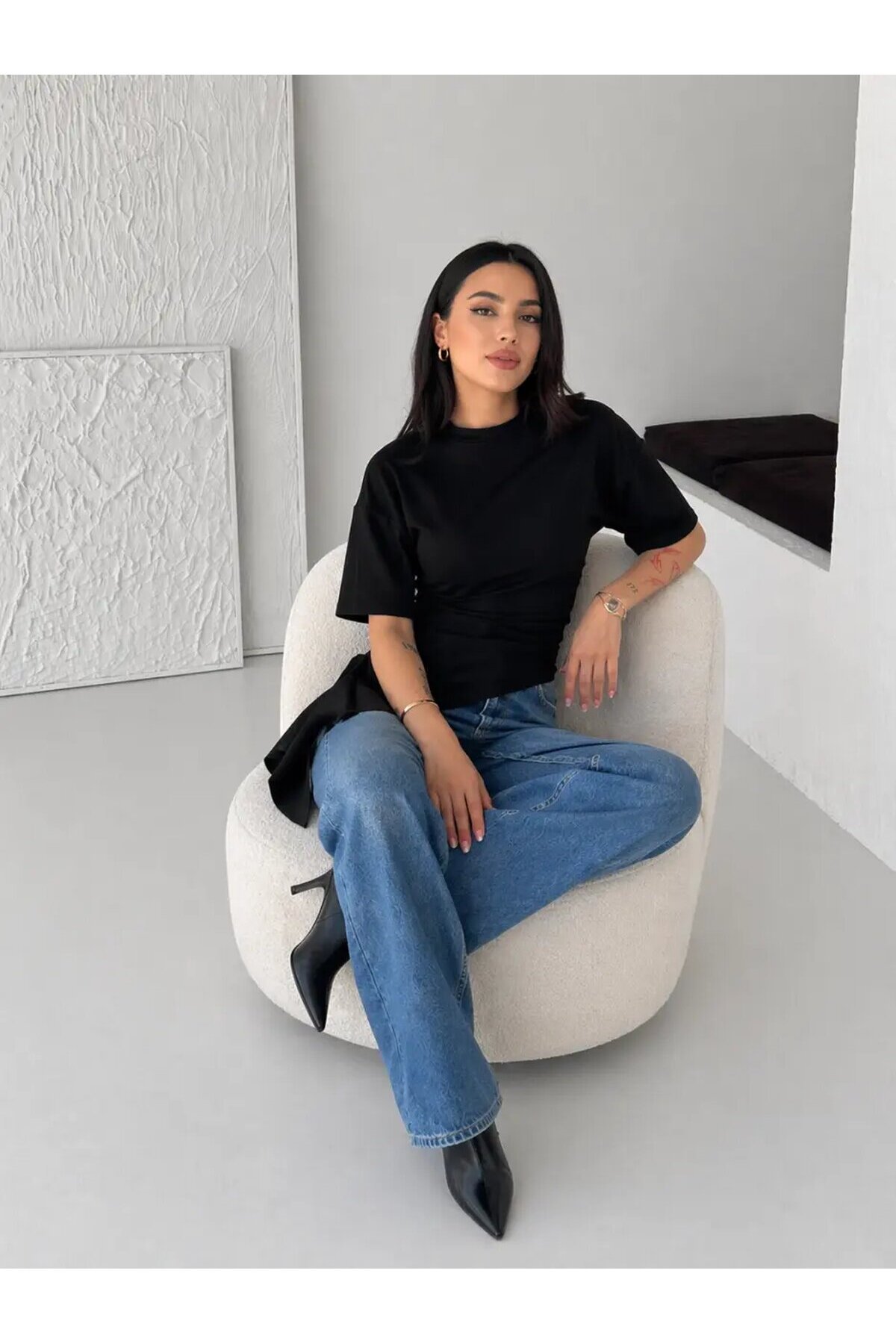Siyah Asimetrik Drapeli Modern Basic Bluz