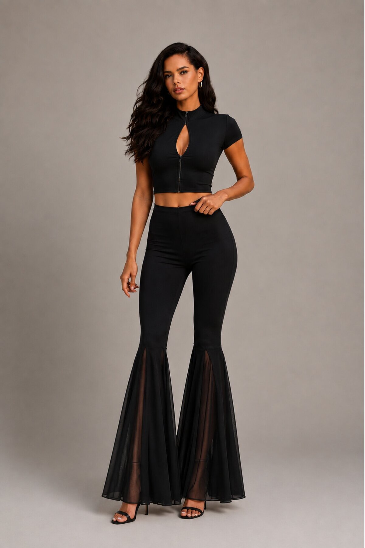 Siyah Crop Top & İspanyol Paça Pantolon Kadın 2li Takım