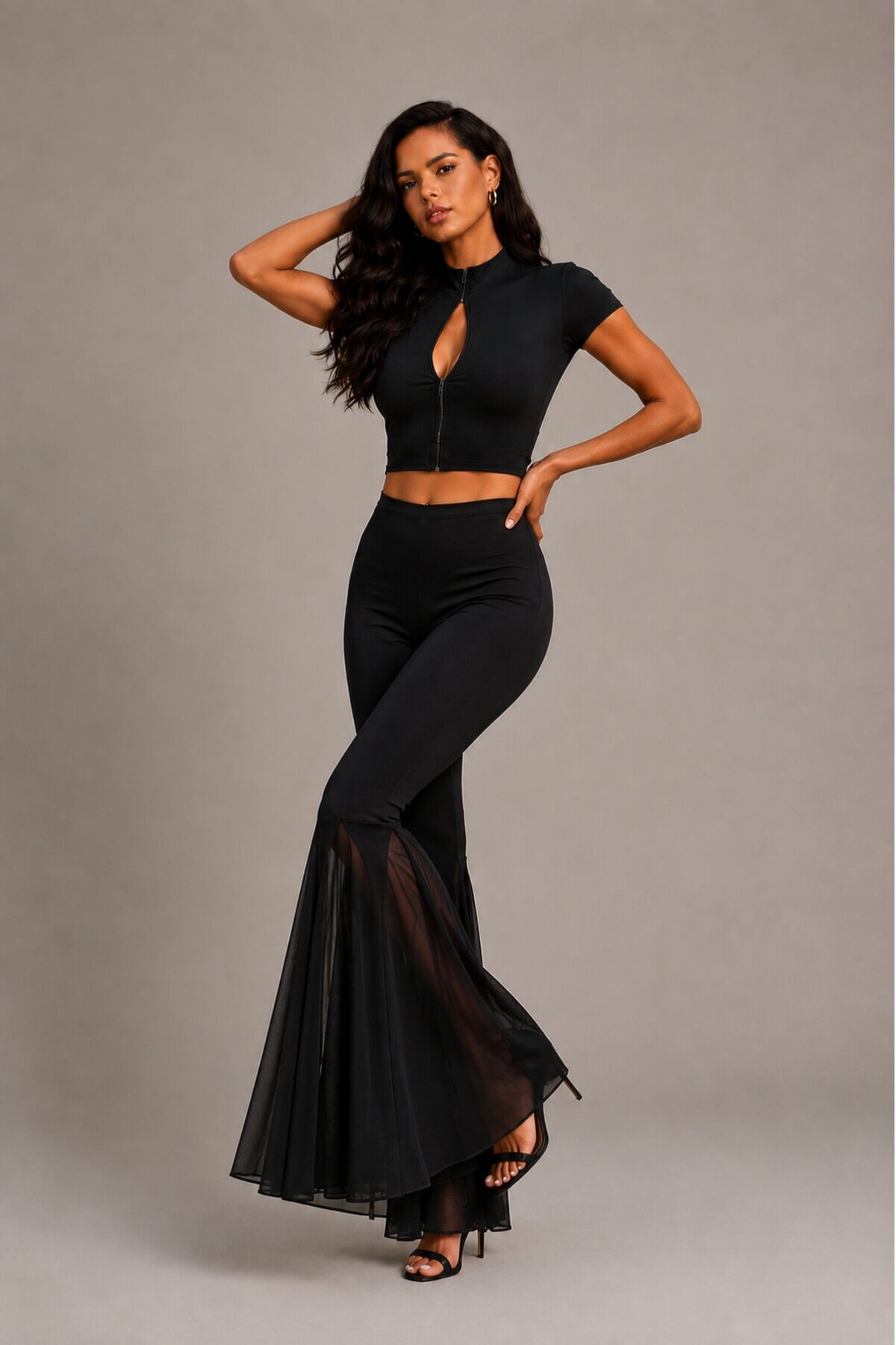 Siyah Crop Top & İspanyol Paça Pantolon Kadın 2li Takım