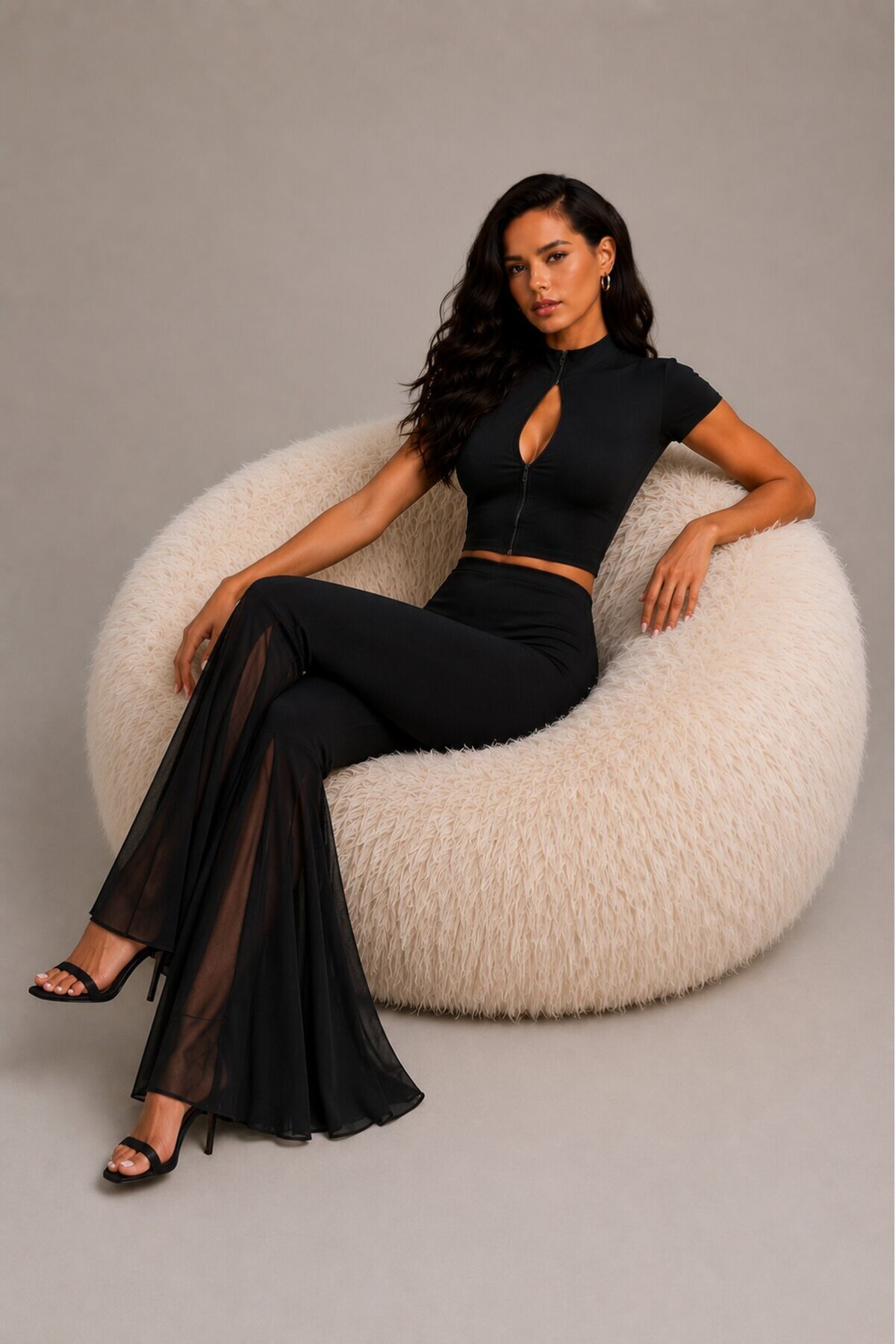 Siyah Crop Top & İspanyol Paça Pantolon Kadın 2li Takım