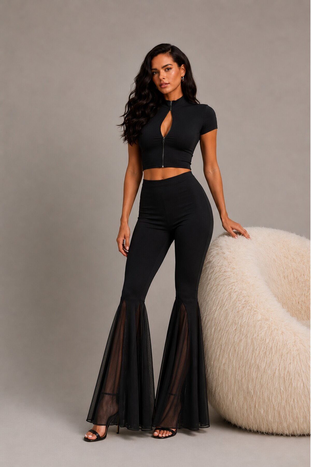 Siyah Crop Top & İspanyol Paça Pantolon Kadın 2li Takım