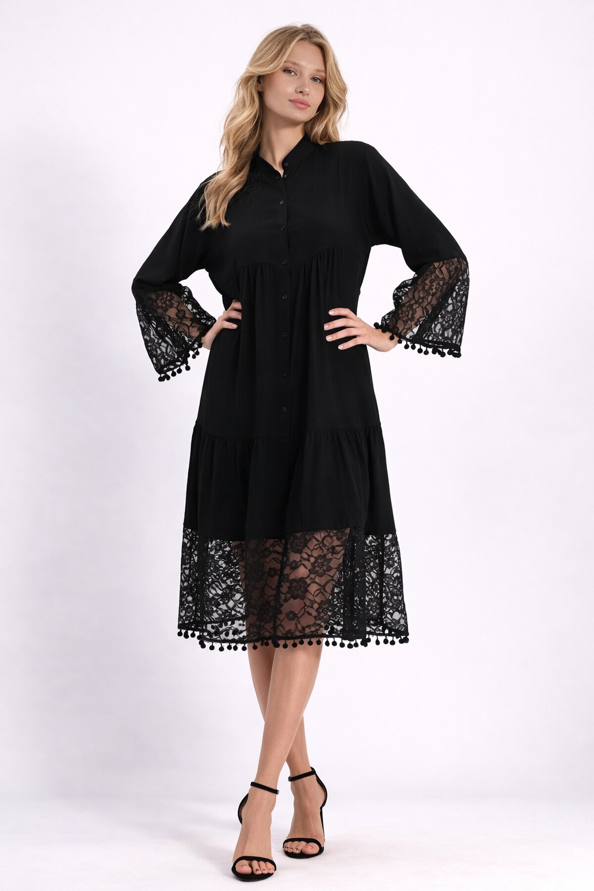 Siyah Hakim Yaka Düğmeli Tül Detaylı Viskon Elbise