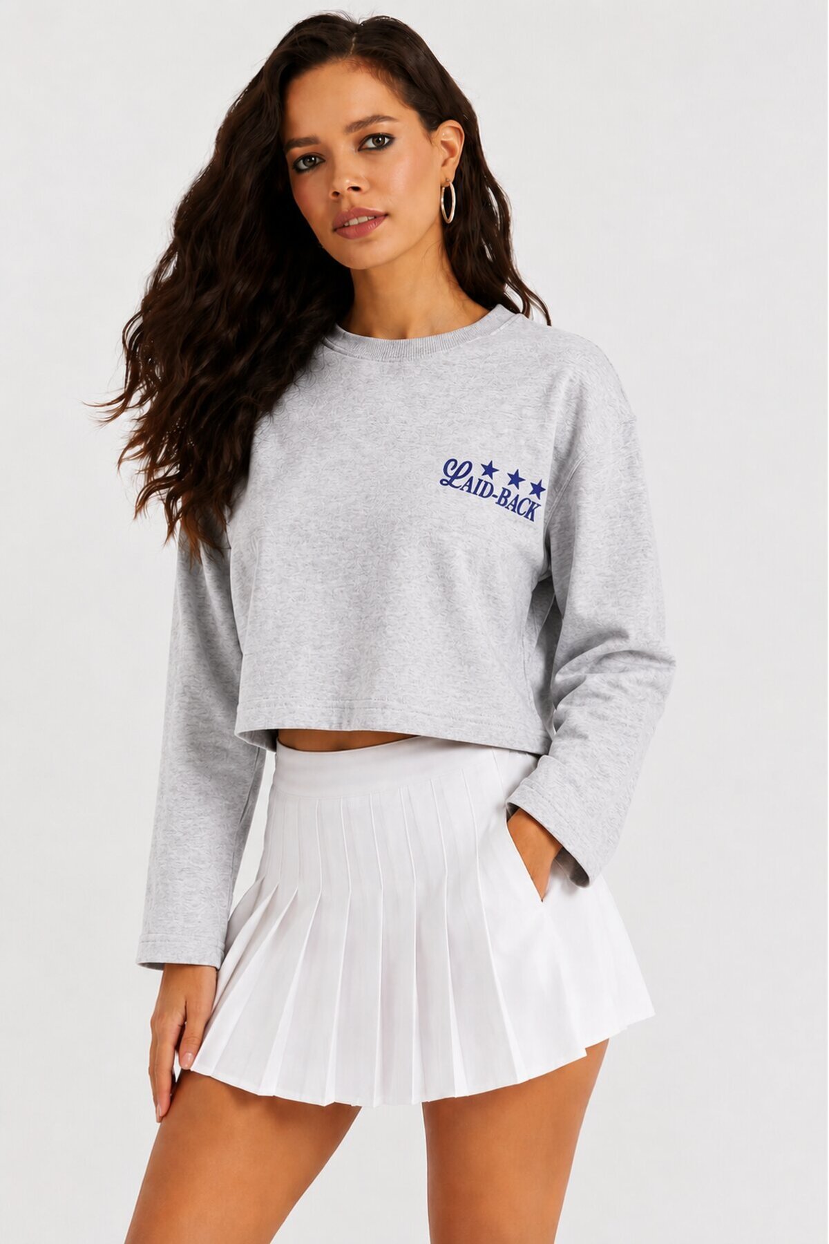 Yıldız Baskılı Crop Sweatshirt - Gri