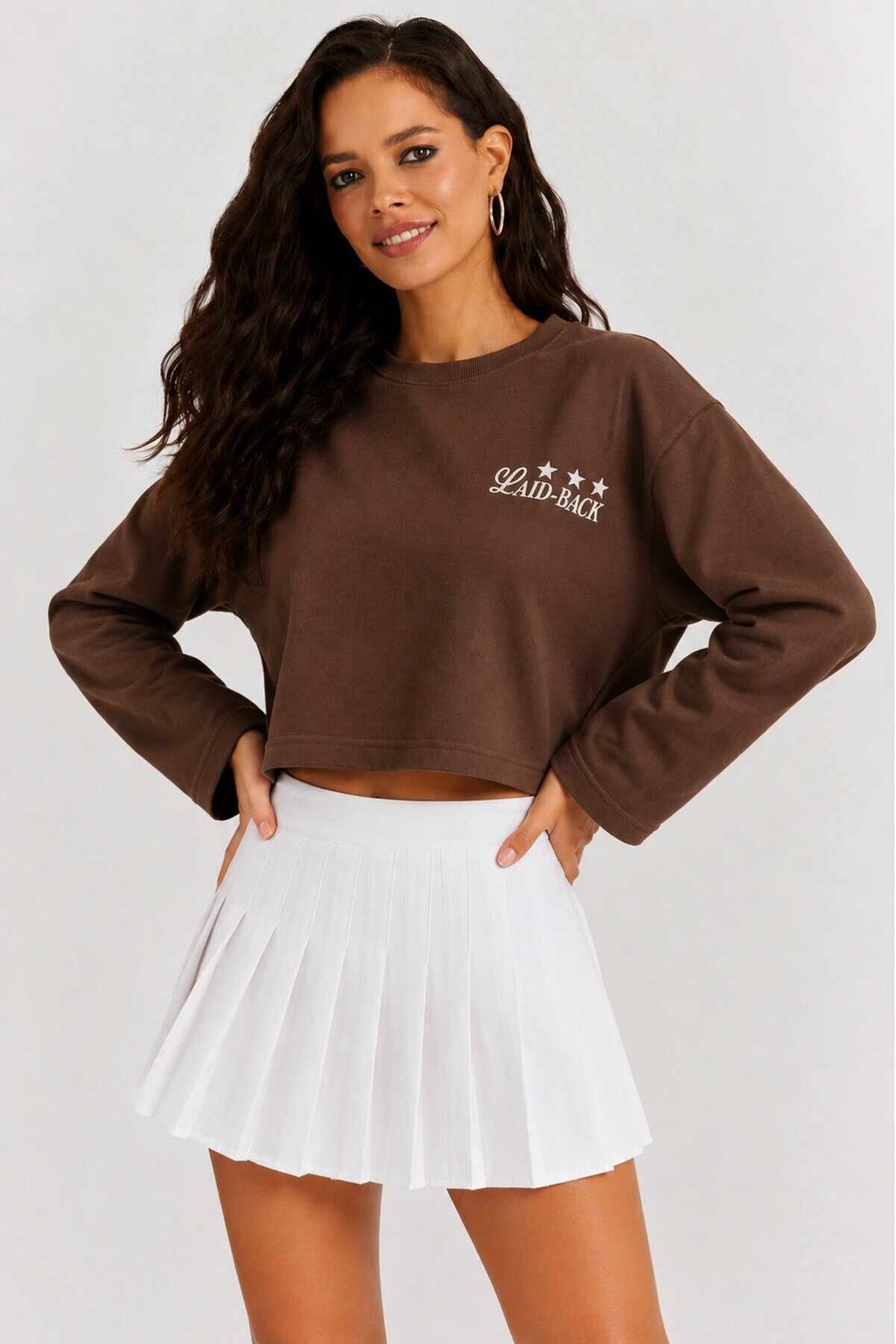 Yıldız Baskılı Crop Sweatshirt - Kahverengi