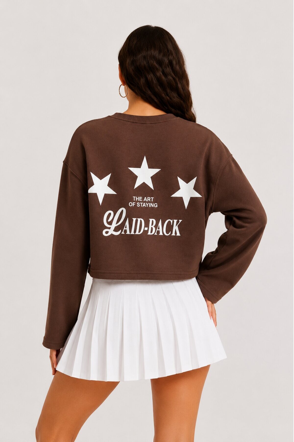 Yıldız Baskılı Crop Sweatshirt - Kahverengi