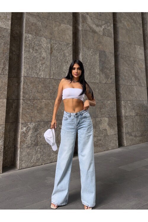 Açık Mavi Düz Kesim Wide Leg Jean Pantolon