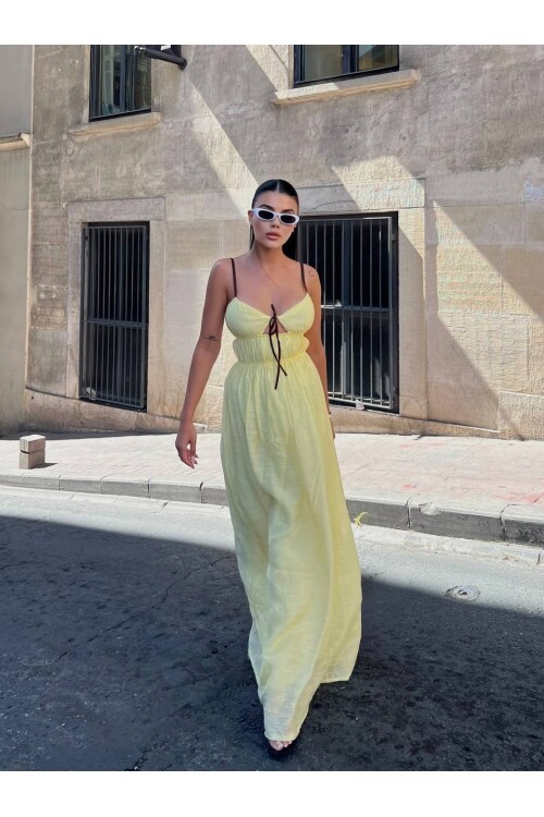 Askılı Göğüs Bağlama Detay Keten Elbise Sarı