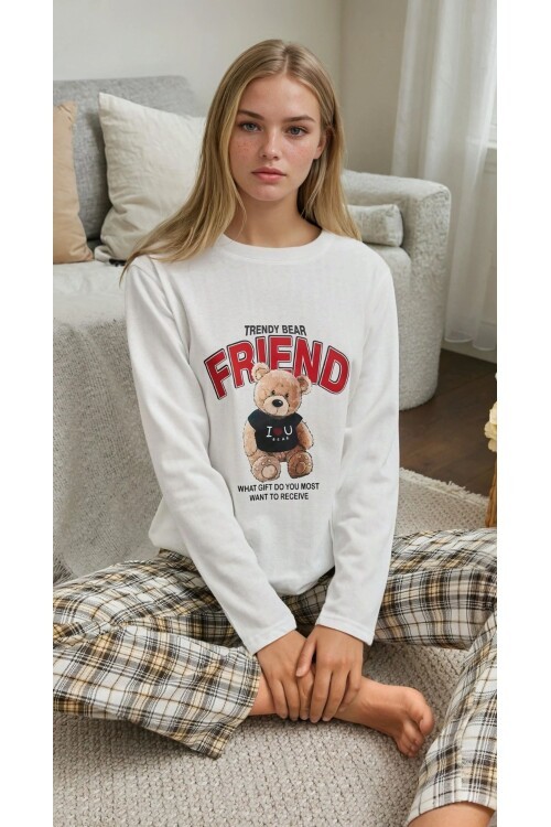 Ayıcık Baskılı Kareli Alt Şardonlu Kadın Pijama Takımı