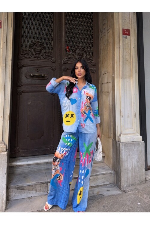 Baskılı Jean Efekt Gömlek Pantalon Takım