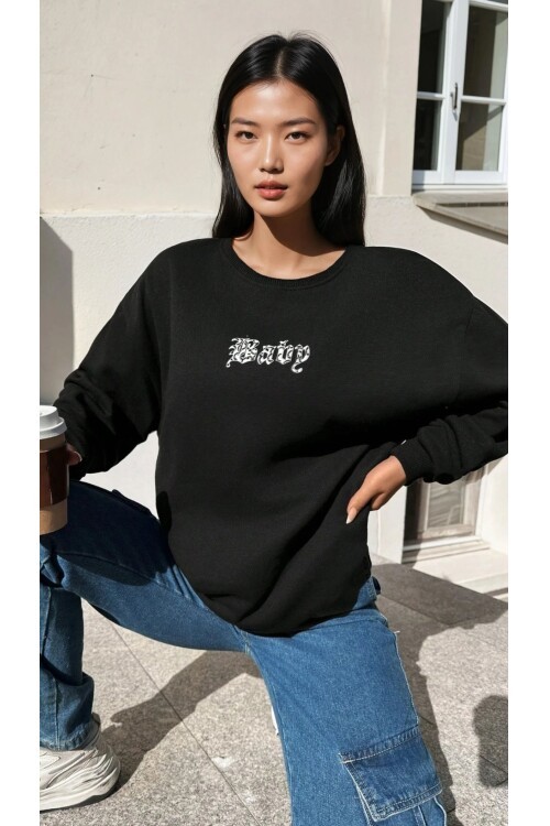 Baskılı Üç İplik Oversize Siyah Sweatshirt