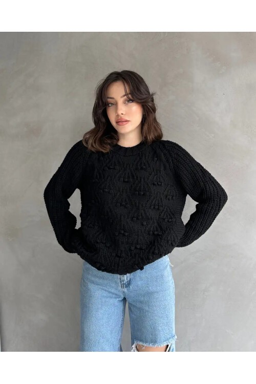 Bisiklet Yaka Bürümcük Detaylı Triko Kazak Siyah