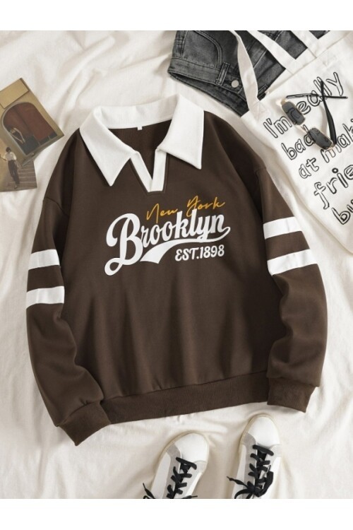 Brooklyn Retro Kolej Sweatshirt Kahverengi