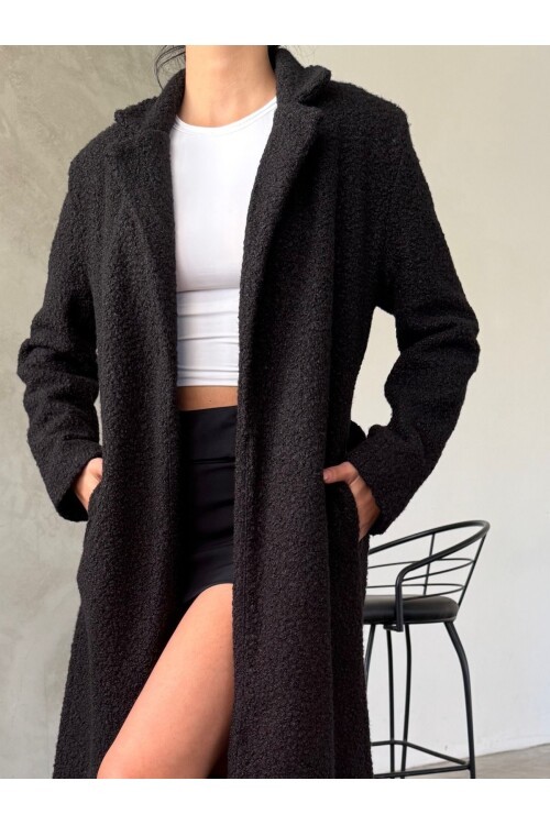 Buklet Kumaş Kuşaklı Mont Siyah