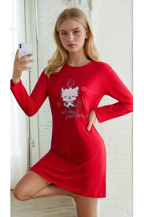 Cat Day Baskılı Kırmızı Kadın Gecelik