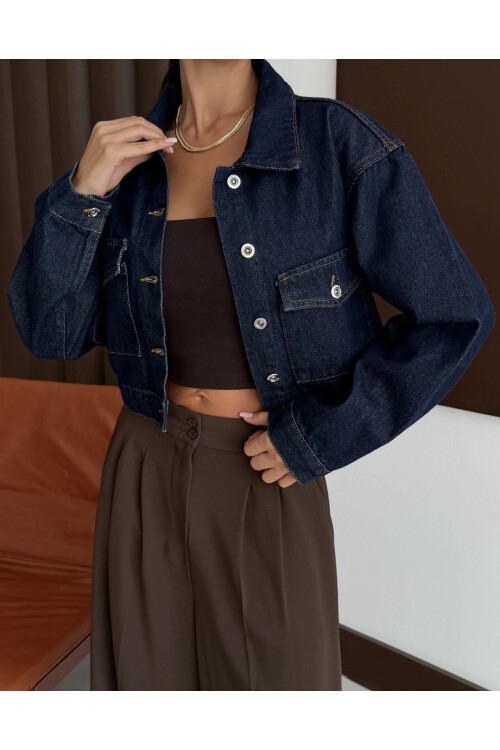 Çift Cepli Denim Crop Ceket