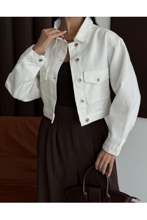 Çift Cepli Denim Crop Ceket