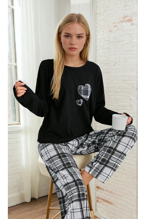 Ekose Desen Kalp Detay Uzun Kol Pijama Takımı